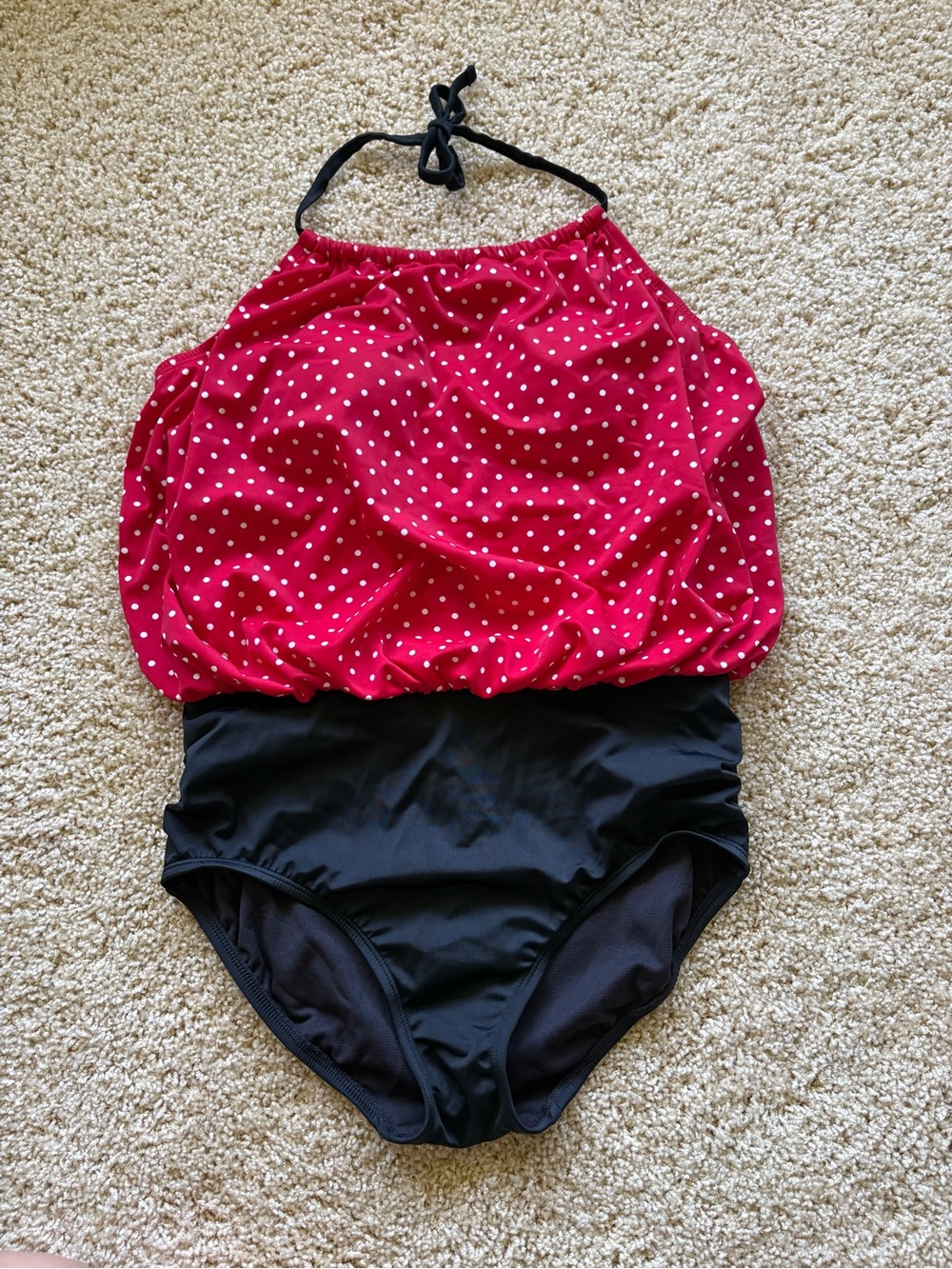 Penbrook Blouson Tankini Style One Piece Swimsuit Red Polka Dot Black Medium